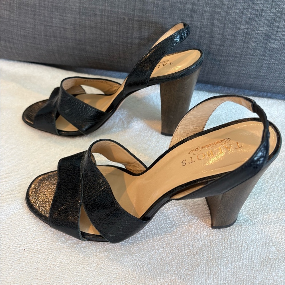 Talbots Lyra Black Leather Heeled Sandals Wood Heel Size 8B